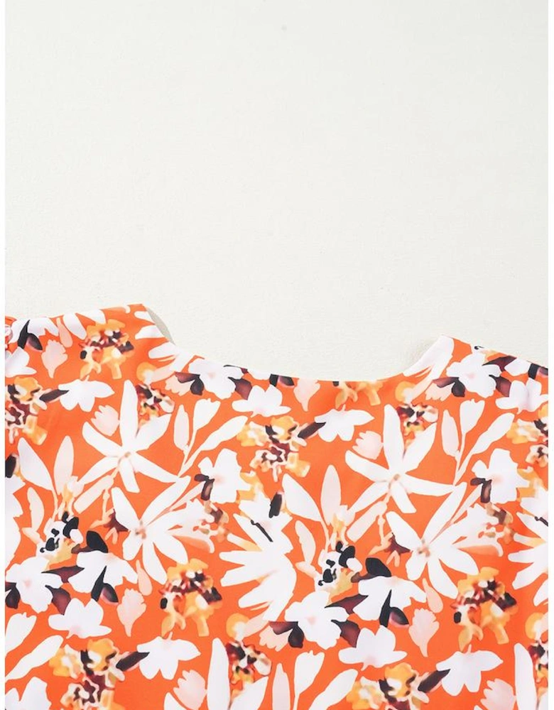 Orange Floral Print Split V Neck Bubble Sleeve Plus Size Midi Dress