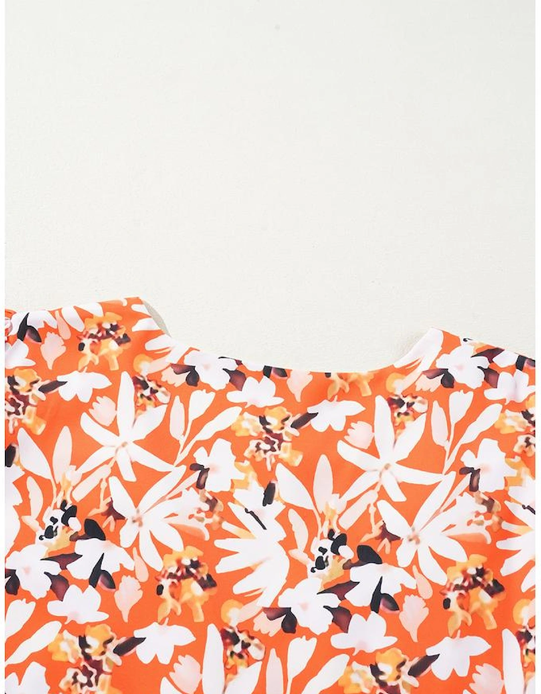 Orange Floral Print Split V Neck Bubble Sleeve Plus Size Midi Dress