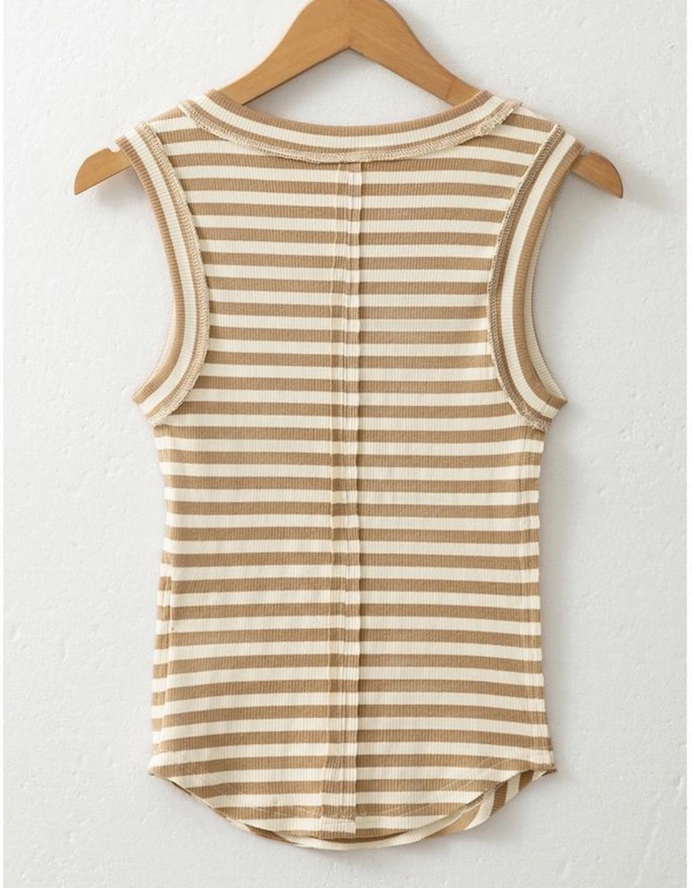 Khaki Stripe Exposed Seam Trim Round Neck Sleeveless Top