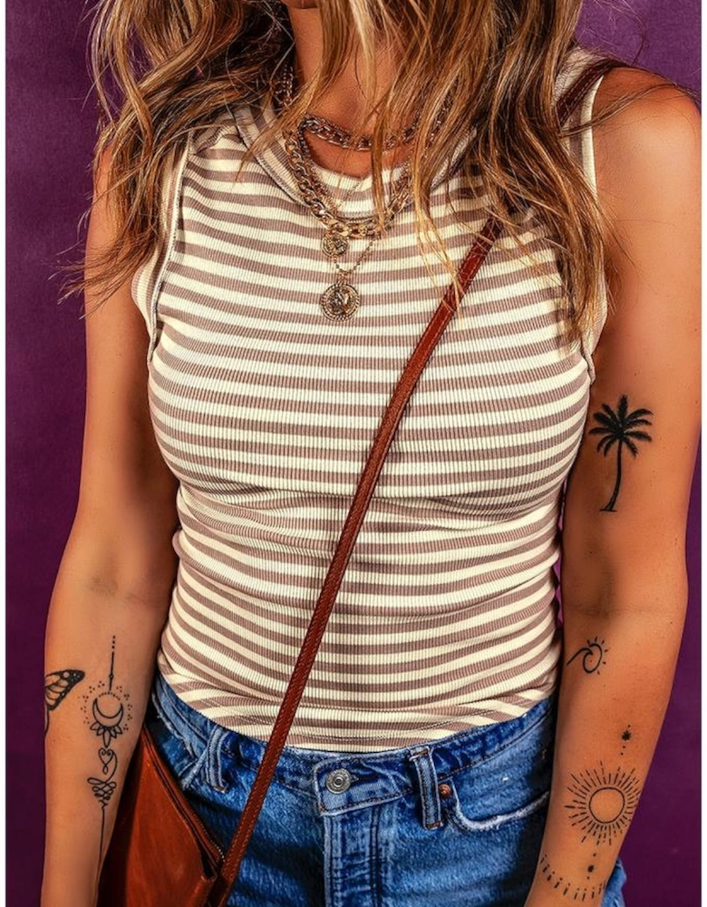 Khaki Stripe Exposed Seam Trim Round Neck Sleeveless Top