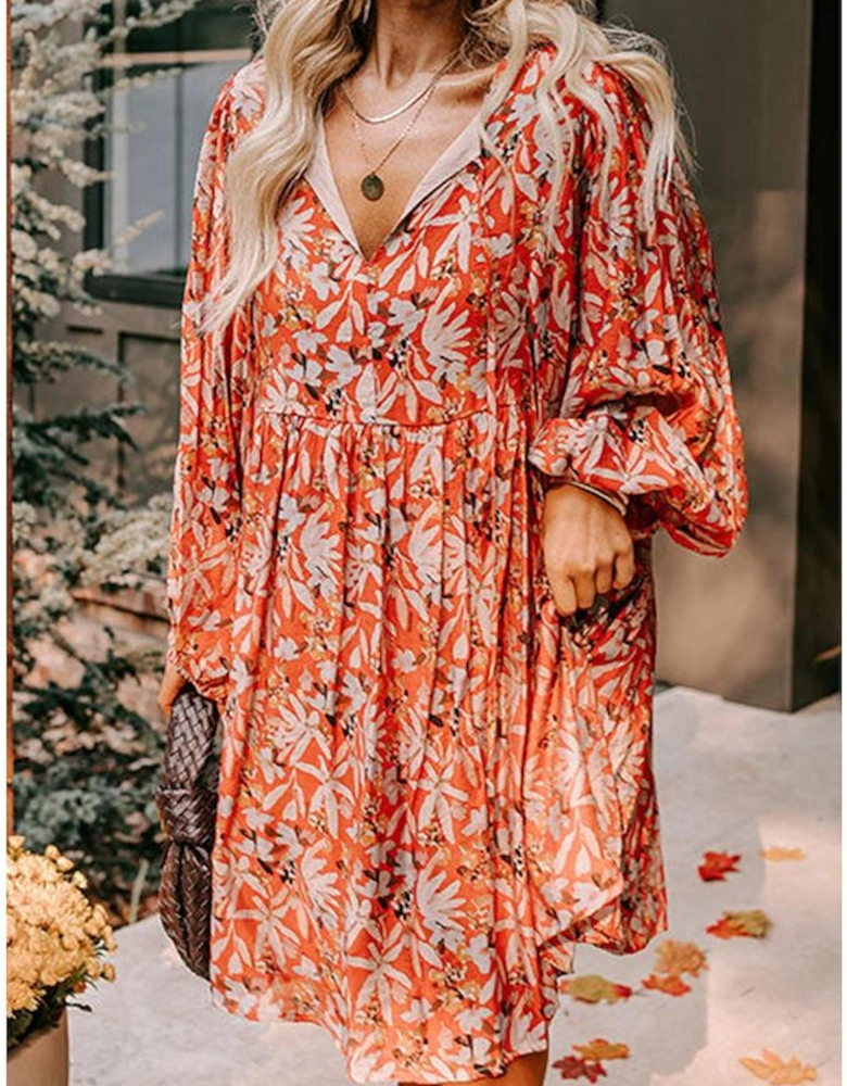 Orange Floral Print Split V Neck Bubble Sleeve Plus Size Midi Dress
