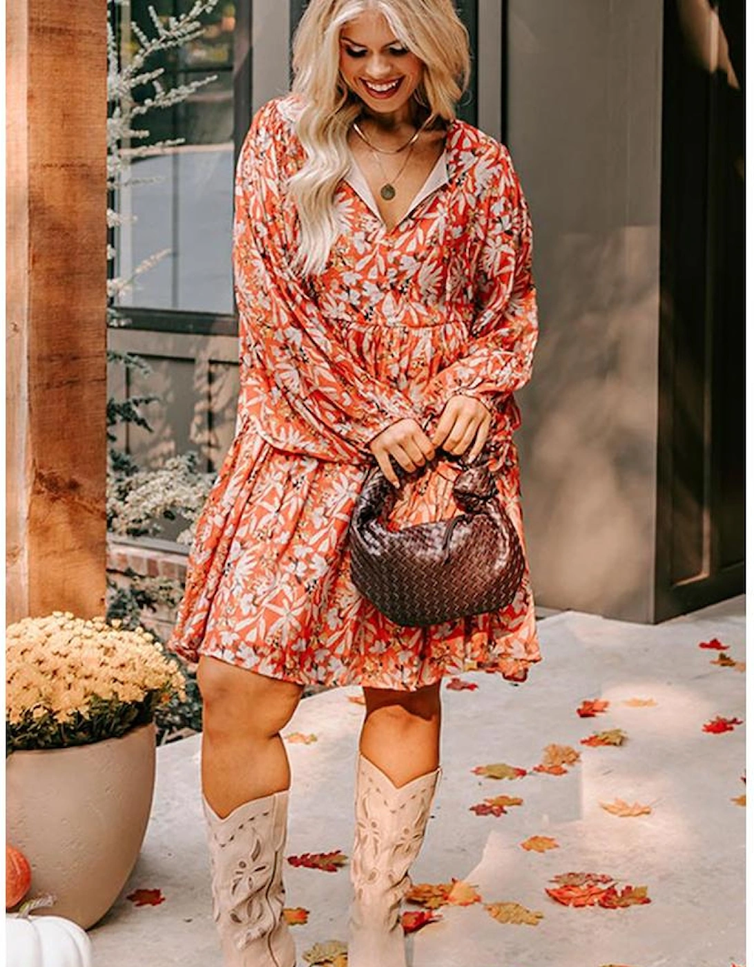 Orange Floral Print Split V Neck Bubble Sleeve Plus Size Midi Dress