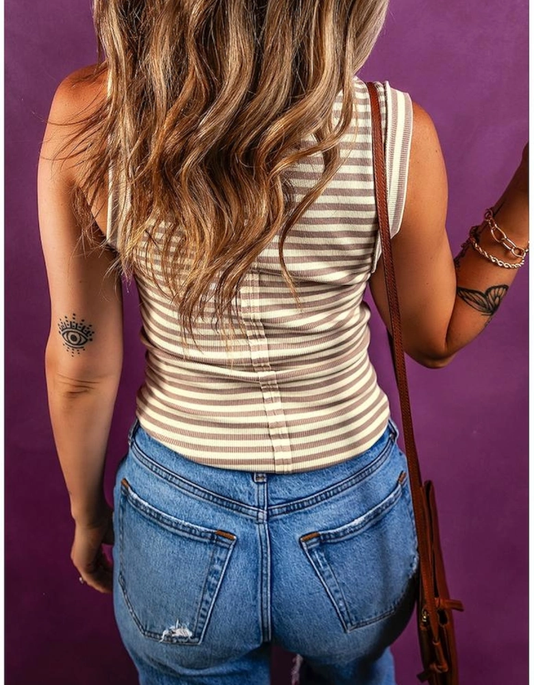 Khaki Stripe Exposed Seam Trim Round Neck Sleeveless Top