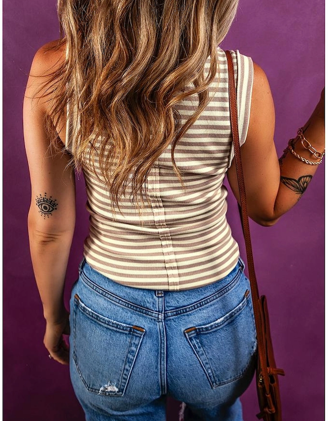 Khaki Stripe Exposed Seam Trim Round Neck Sleeveless Top, 14 of 13