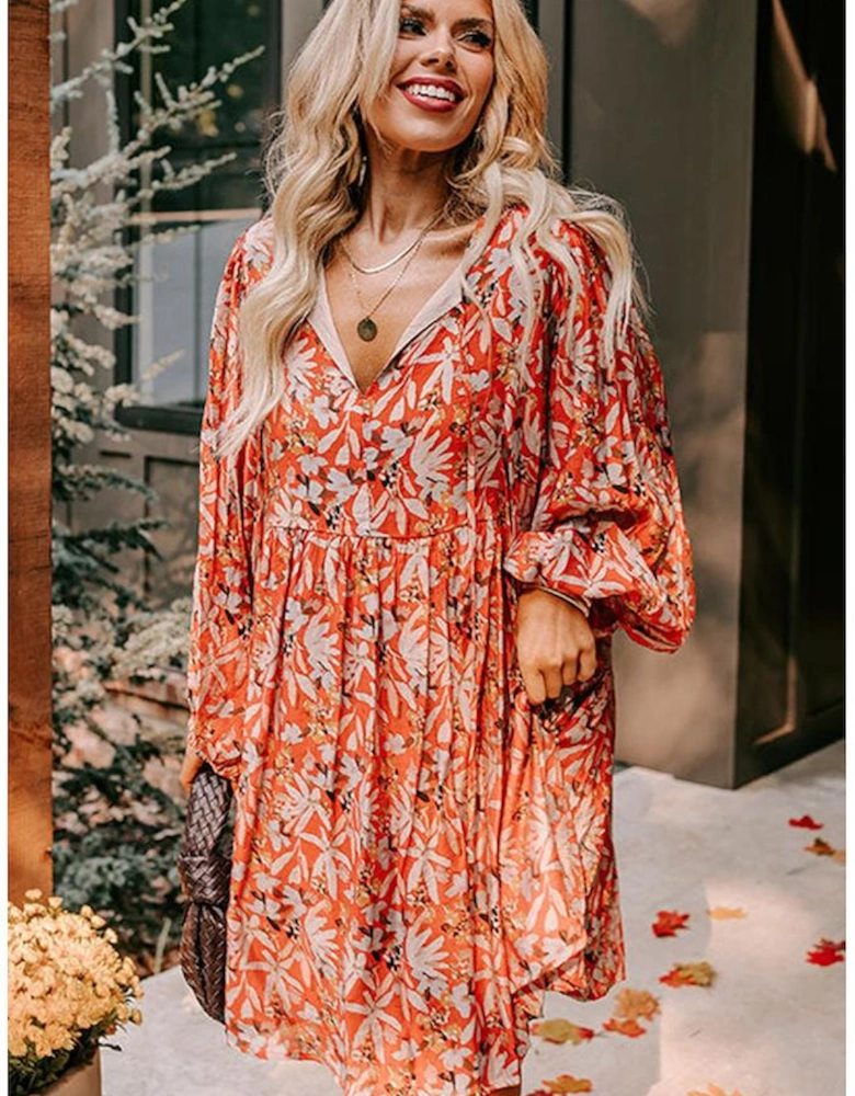 Orange Floral Print Split V Neck Bubble Sleeve Plus Size Midi Dress