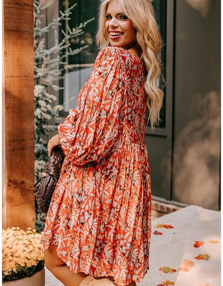 Orange Floral Print Split V Neck Bubble Sleeve Plus Size Midi Dress