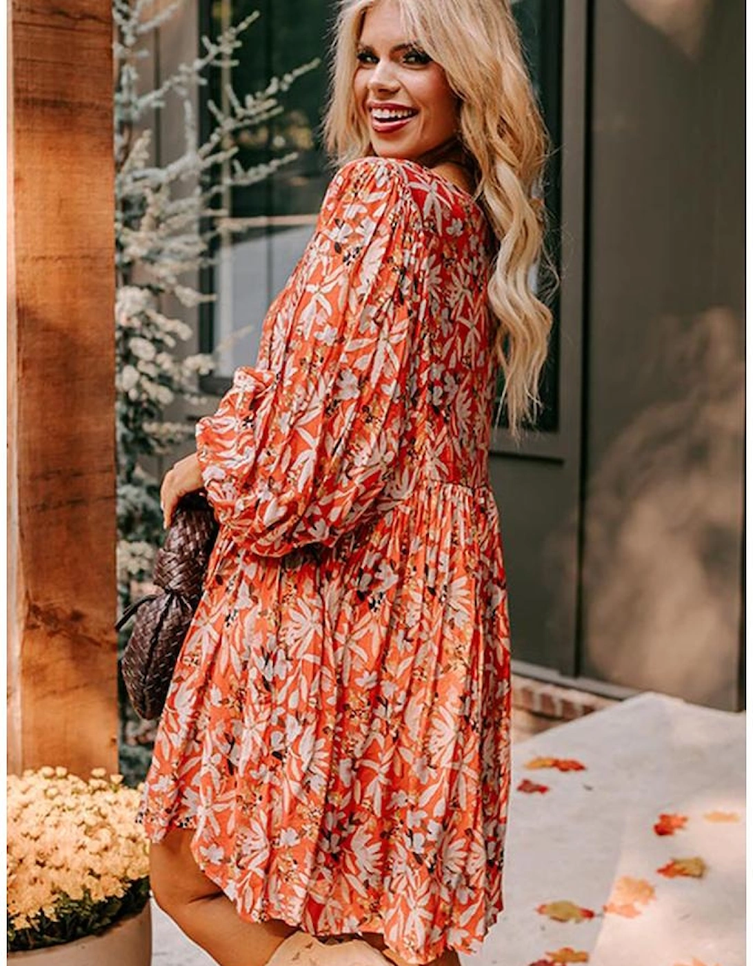 Orange Floral Print Split V Neck Bubble Sleeve Plus Size Midi Dress