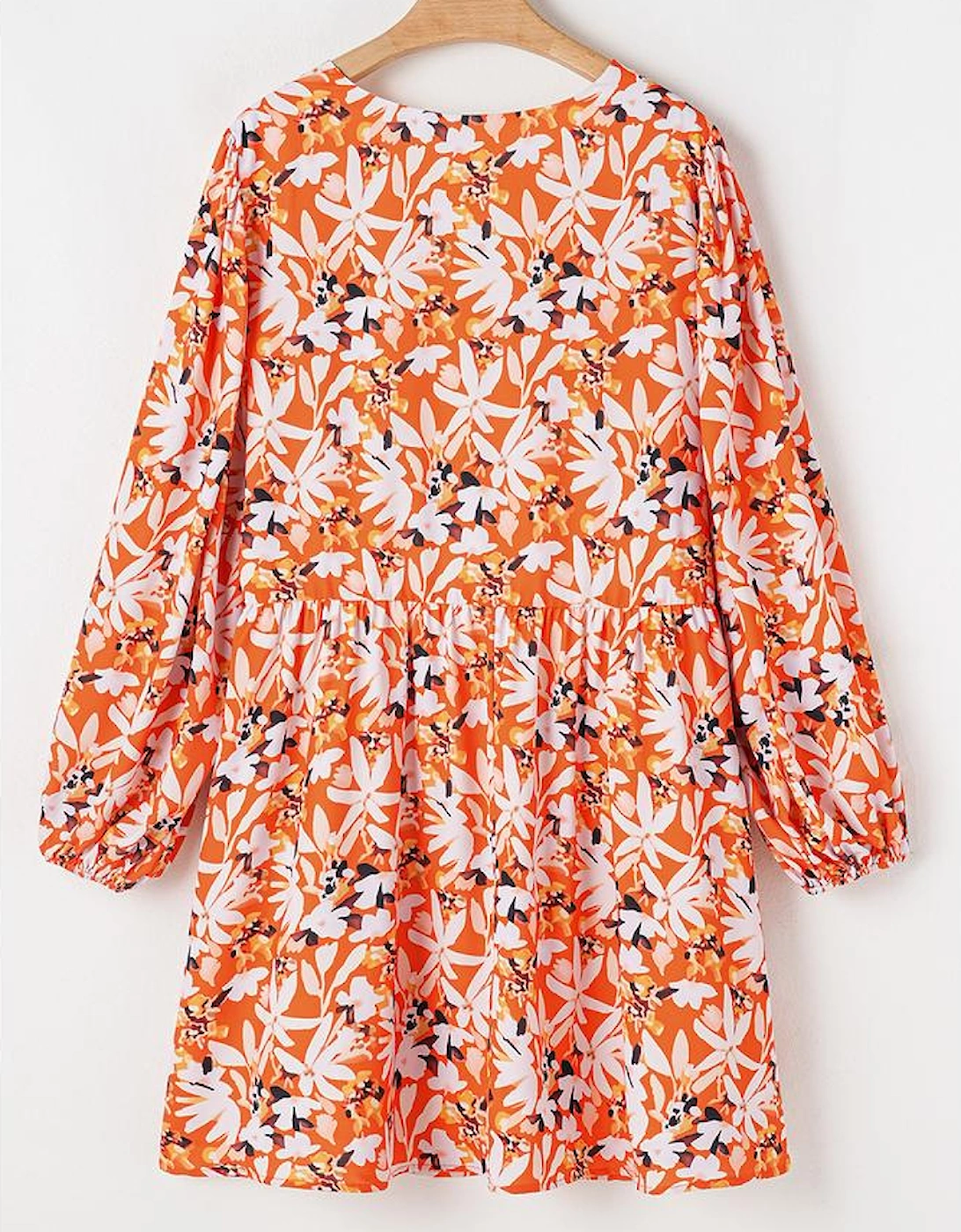 Orange Floral Print Split V Neck Bubble Sleeve Plus Size Midi Dress