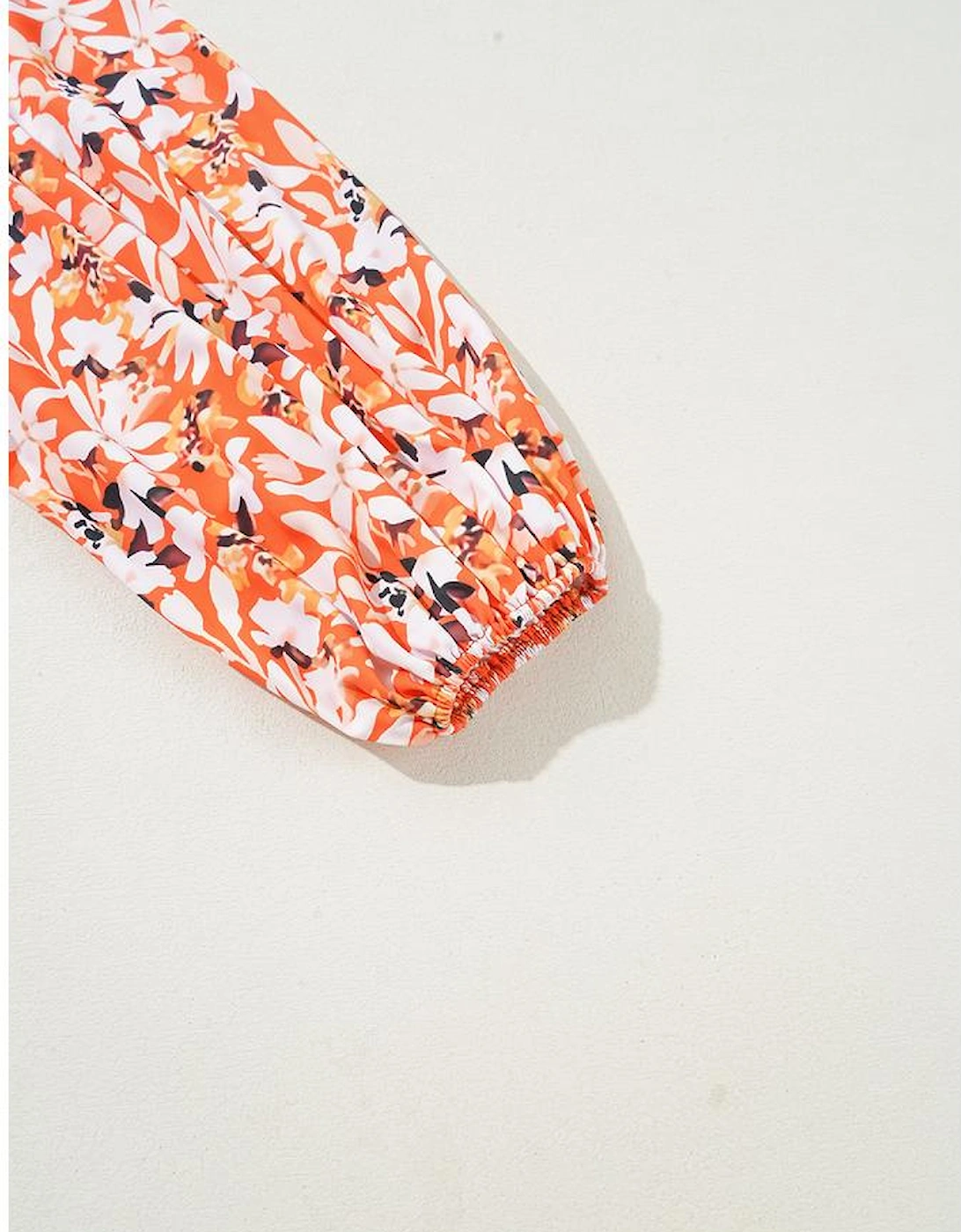 Orange Floral Print Split V Neck Bubble Sleeve Plus Size Midi Dress