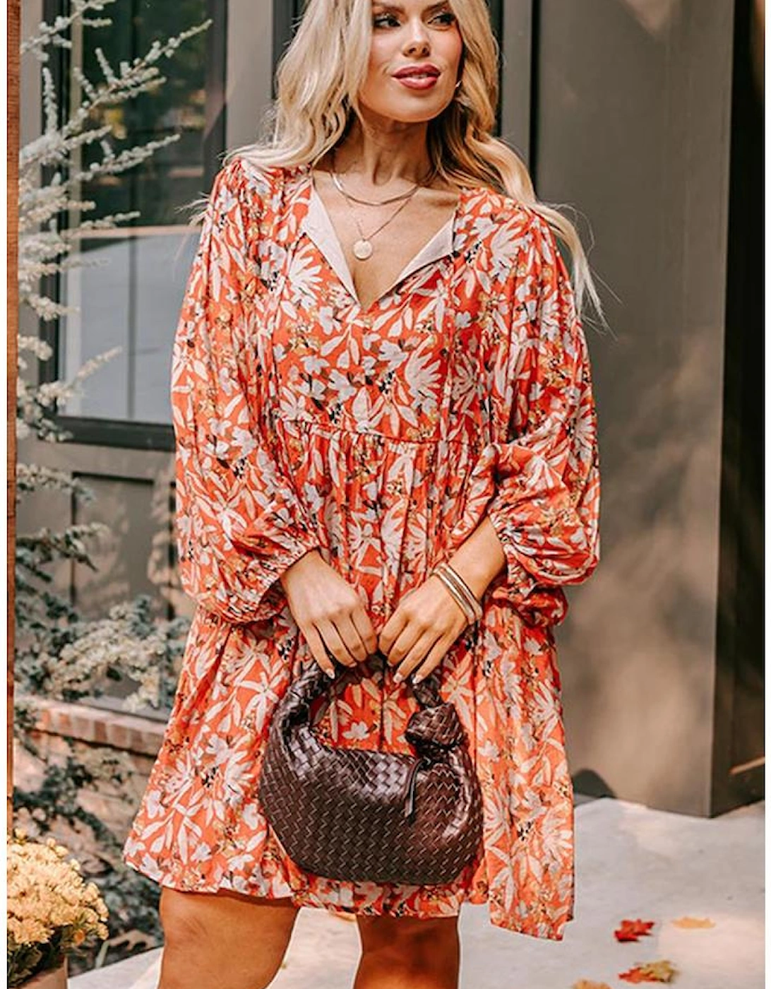 Orange Floral Print Split V Neck Bubble Sleeve Plus Size Midi Dress