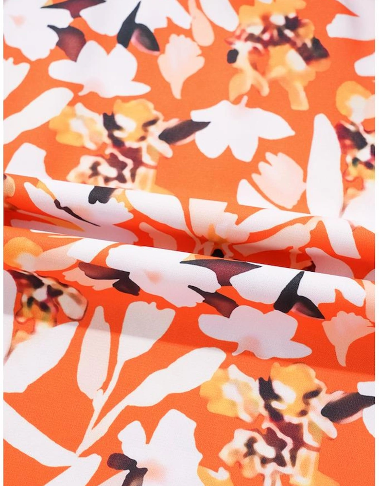 Orange Floral Print Split V Neck Bubble Sleeve Plus Size Midi Dress