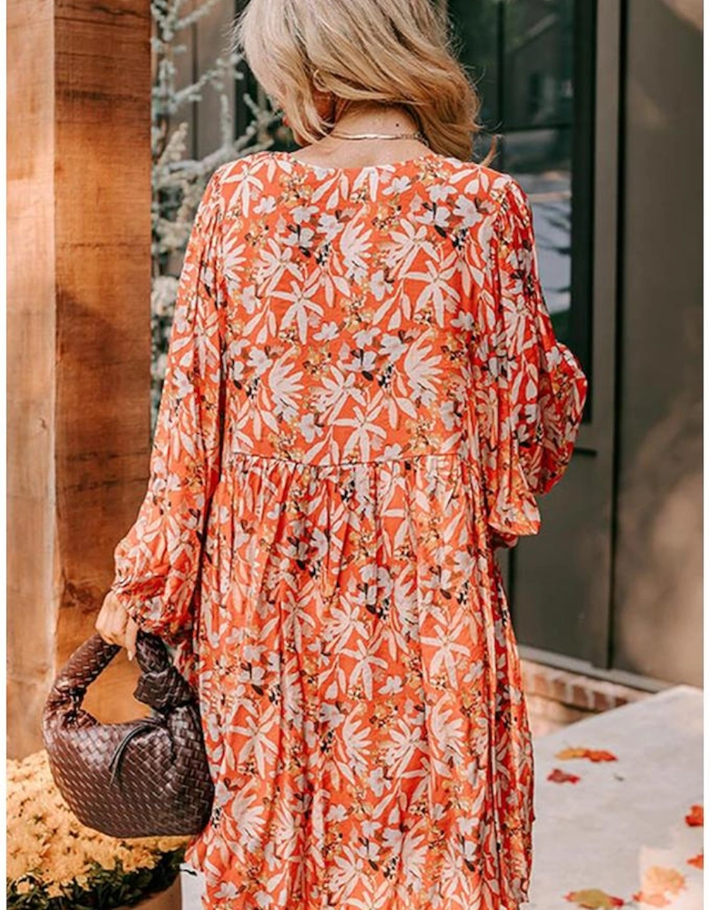 Orange Floral Print Split V Neck Bubble Sleeve Plus Size Midi Dress