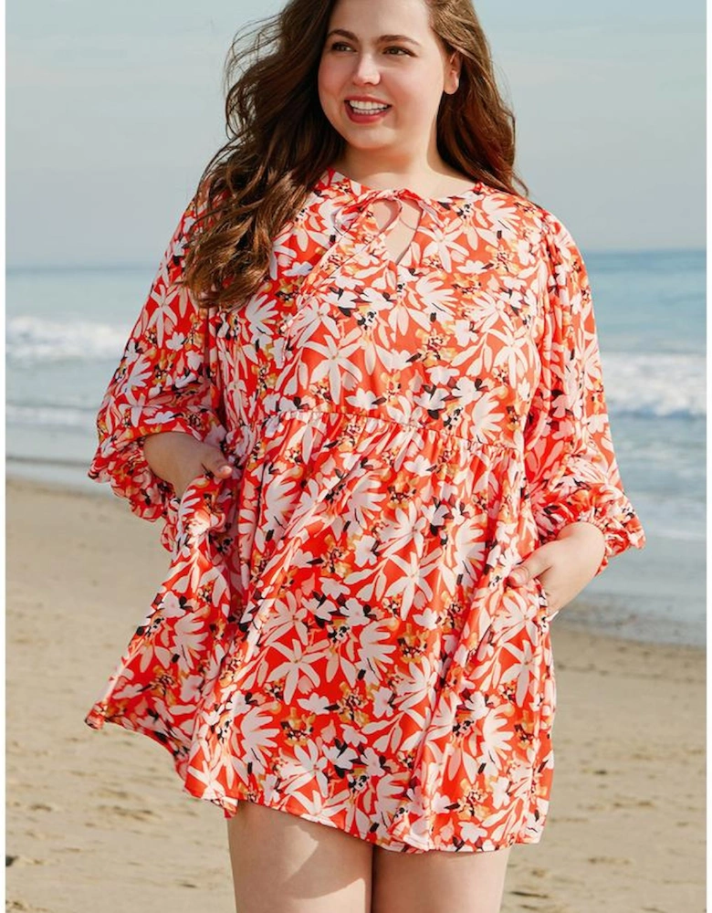 Orange Floral Print Split V Neck Bubble Sleeve Plus Size Midi Dress
