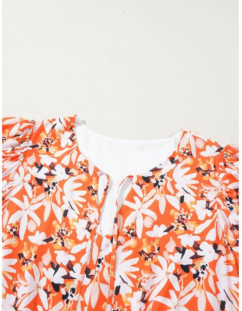 Orange Floral Print Split V Neck Bubble Sleeve Plus Size Midi Dress