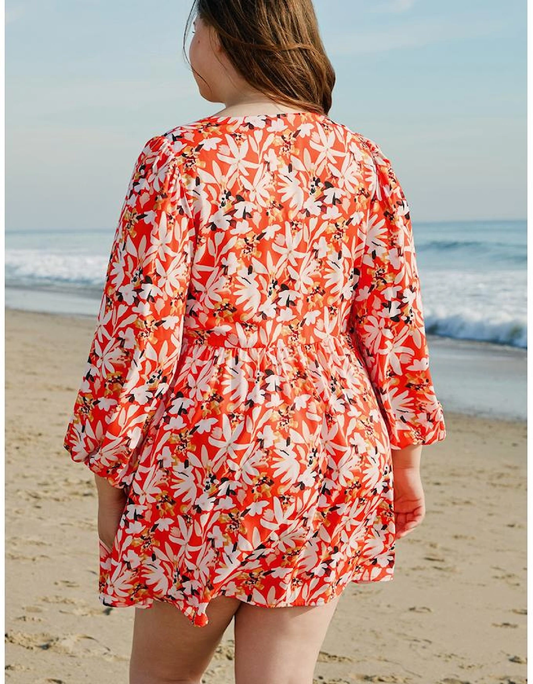 Orange Floral Print Split V Neck Bubble Sleeve Plus Size Midi Dress