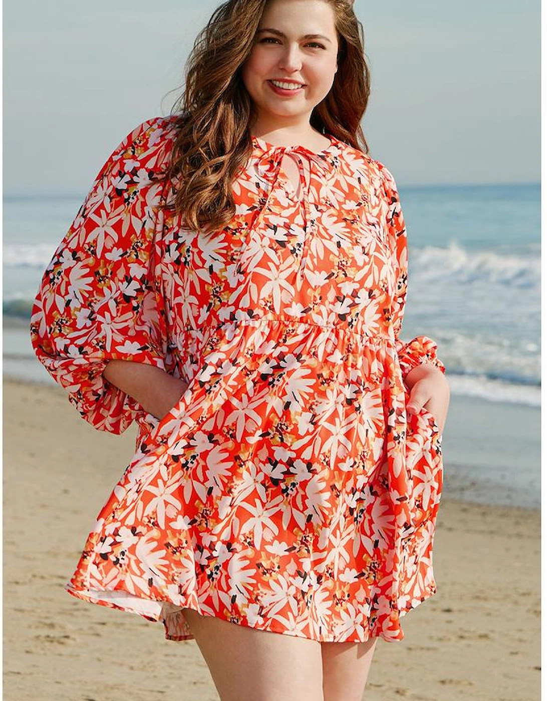 Orange Floral Print Split V Neck Bubble Sleeve Plus Size Midi Dress