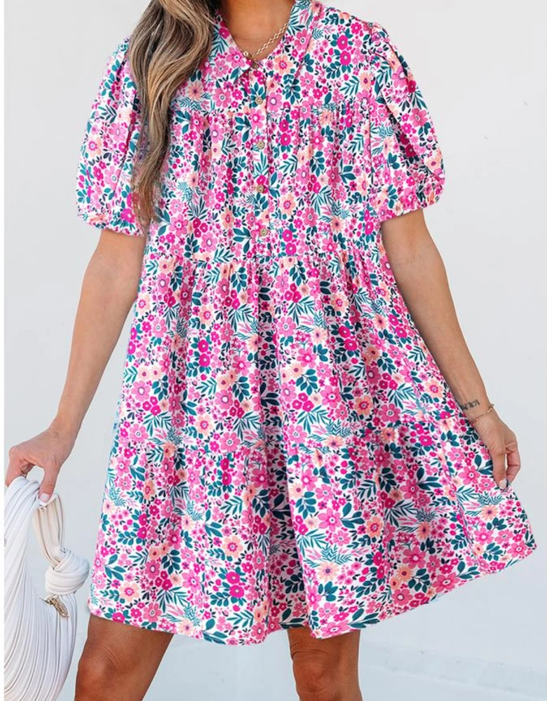 Pink Floral Collared Half Placket Short Sleeve Loose Dress