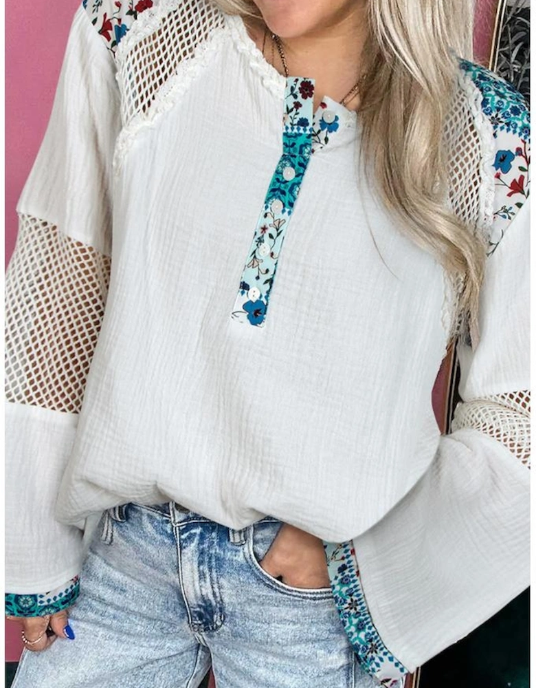 White Plant Mesh Patched Color Block Half Button Blouse