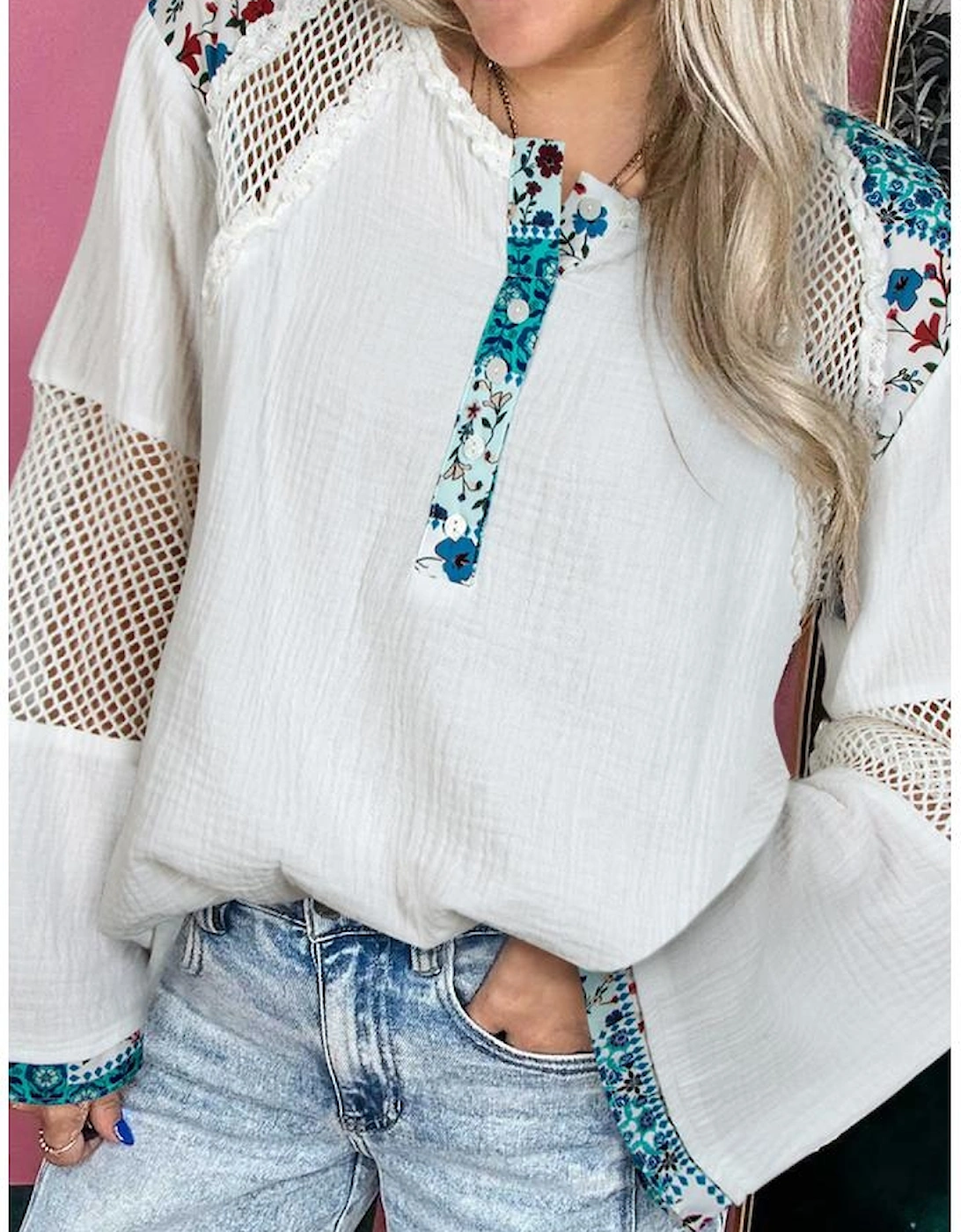 White Plant Mesh Patched Color Block Half Button Blouse