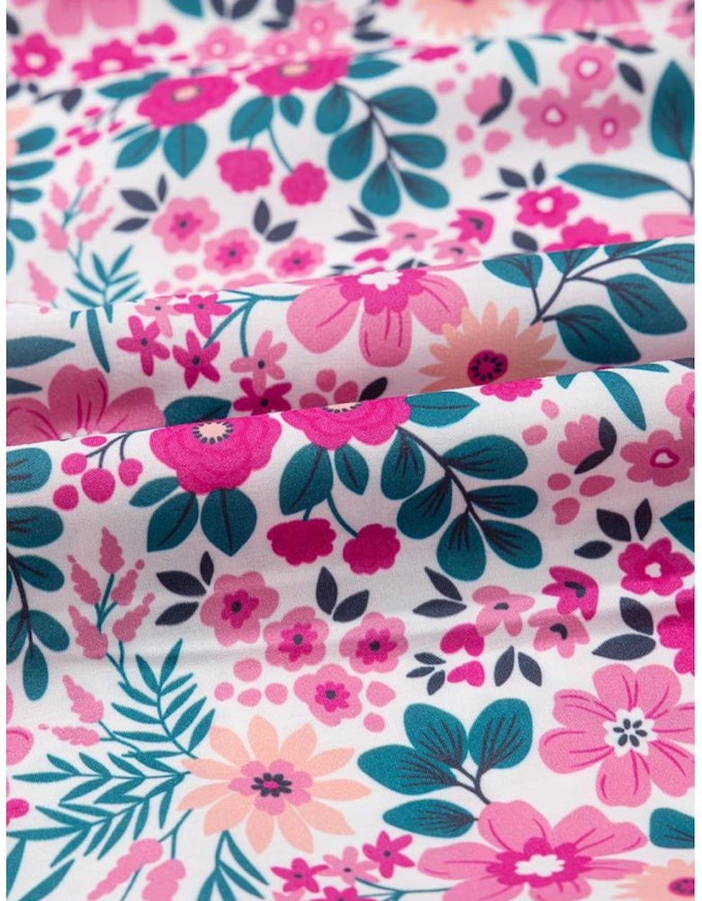 Pink Floral Collared Half Placket Short Sleeve Loose Dress