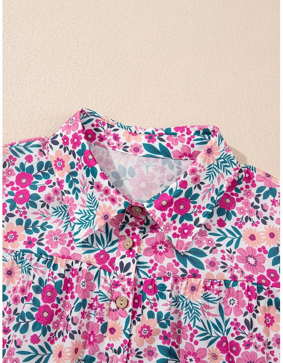 Pink Floral Collared Half Placket Short Sleeve Loose Dress