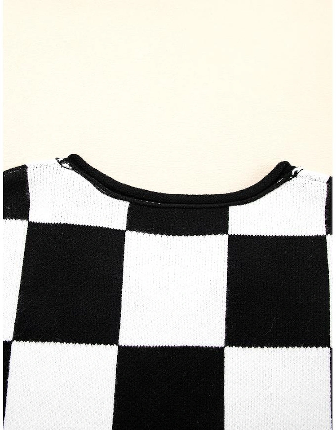 Black Checked Notched Neckline Drop Shoulder Knit Sweater