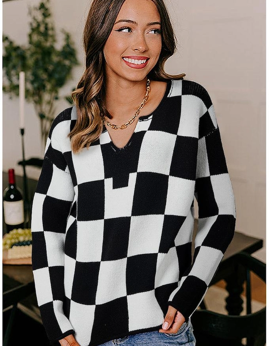 Black Checked Notched Neckline Drop Shoulder Knit Sweater