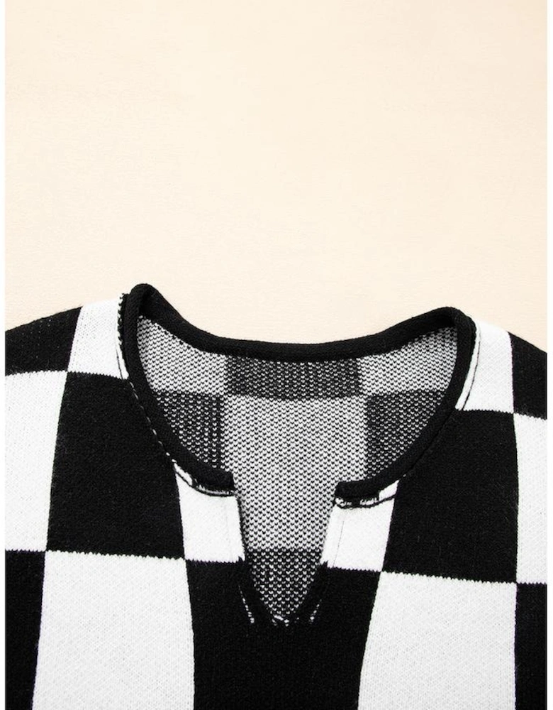 Black Checked Notched Neckline Drop Shoulder Knit Sweater