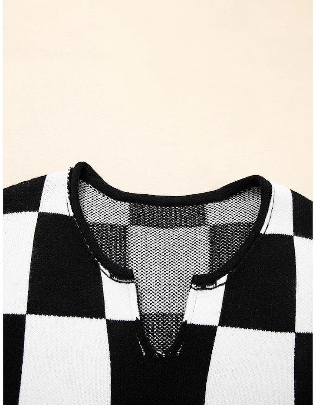 Black Checked Notched Neckline Drop Shoulder Knit Sweater