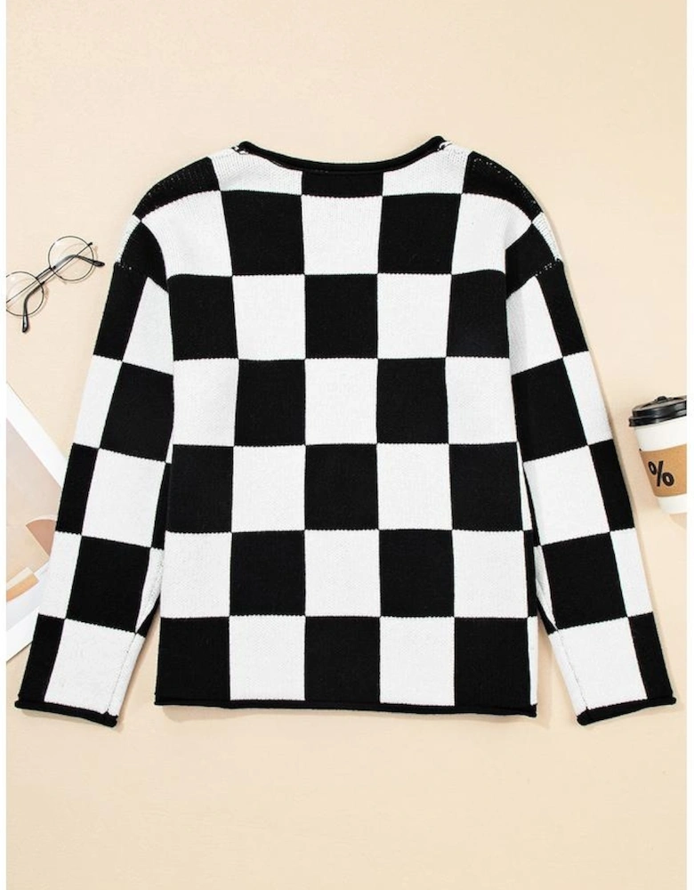Black Checked Notched Neckline Drop Shoulder Knit Sweater