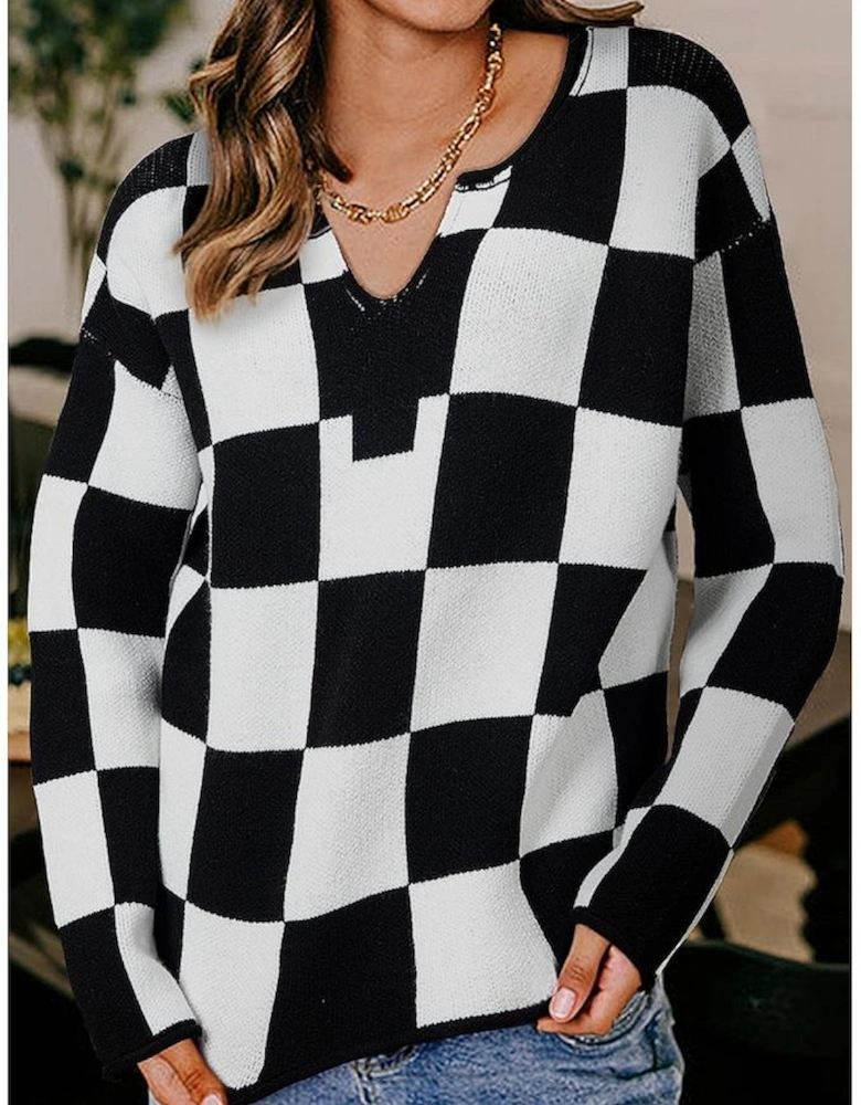 Black Checked Notched Neckline Drop Shoulder Knit Sweater