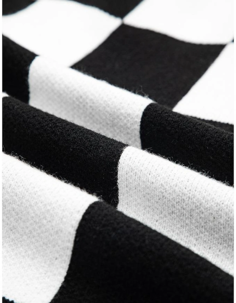 Black Checked Notched Neckline Drop Shoulder Knit Sweater