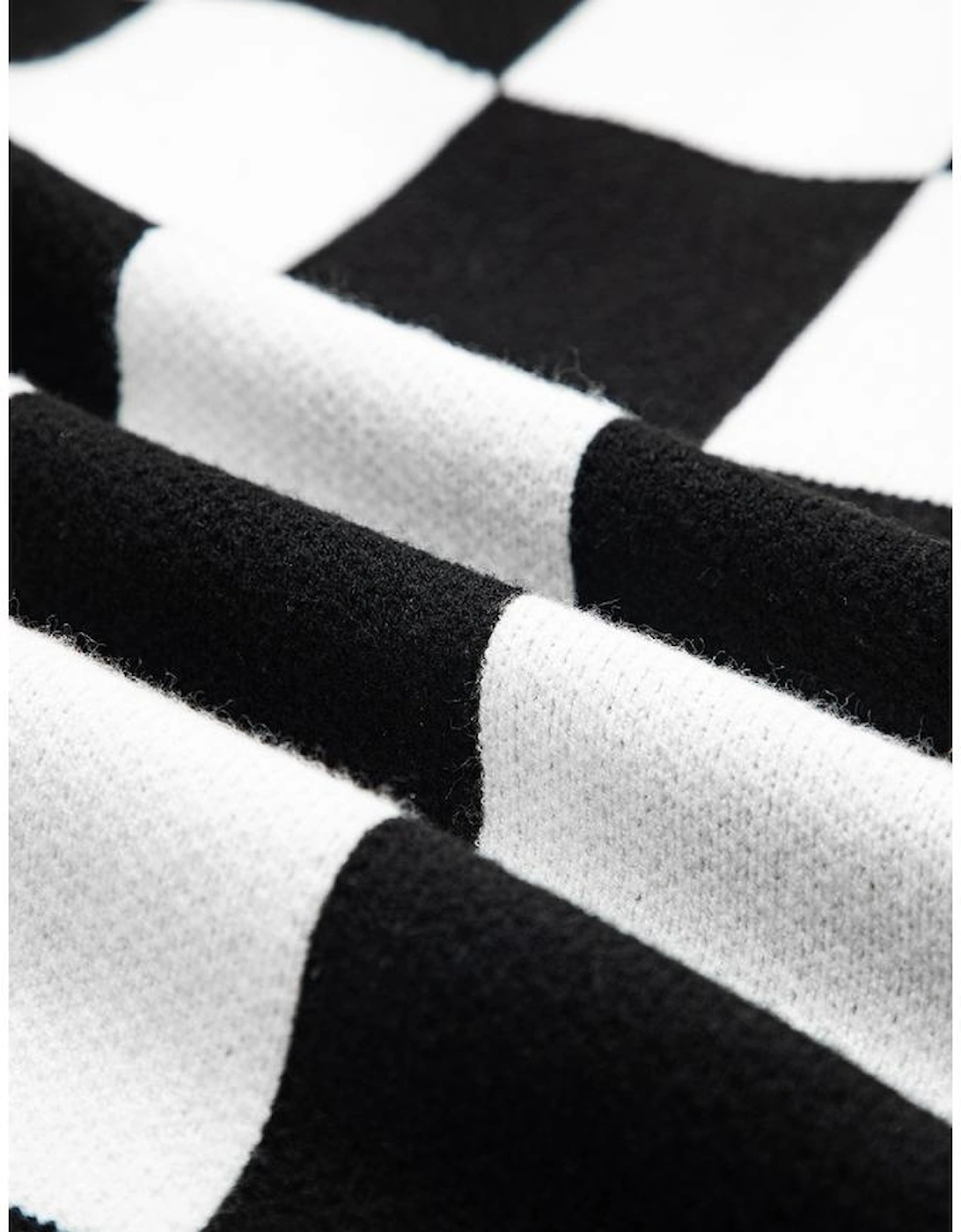 Black Checked Notched Neckline Drop Shoulder Knit Sweater