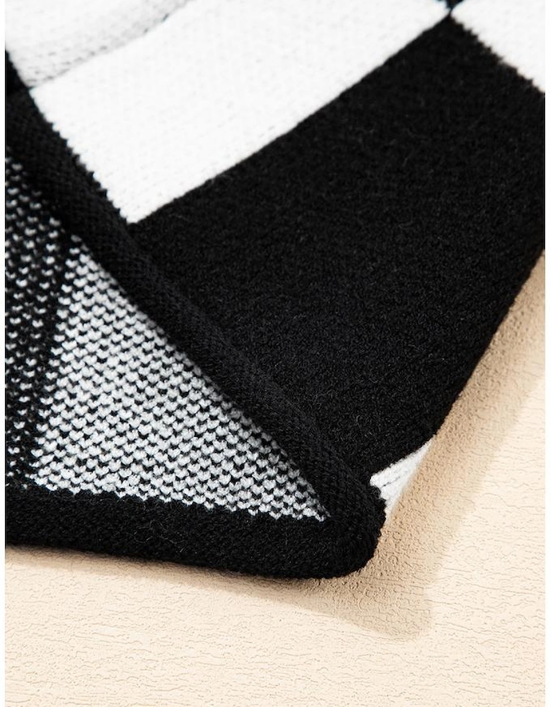 Black Checked Notched Neckline Drop Shoulder Knit Sweater