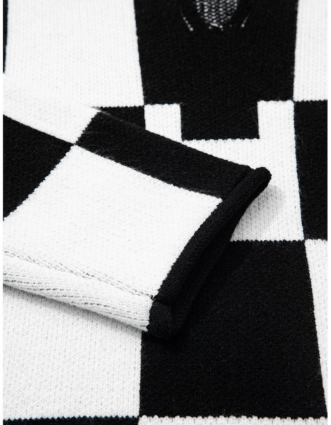 Black Checked Notched Neckline Drop Shoulder Knit Sweater