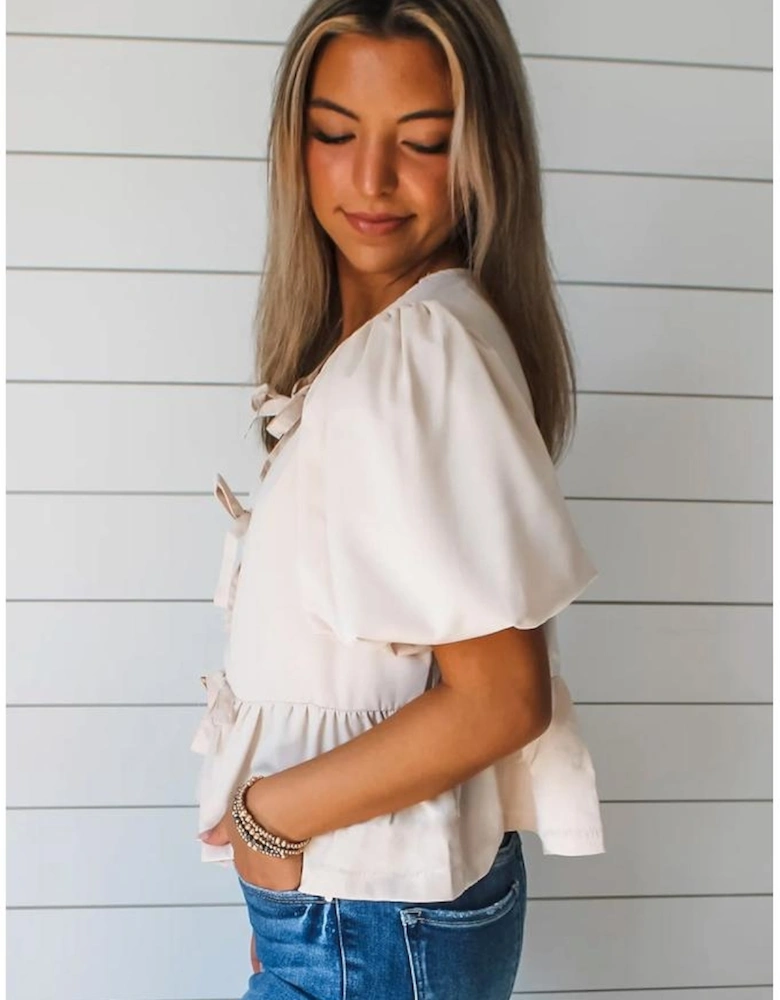 White Bow Tie Short Puff Sleeve Ruffle Hem Blouse