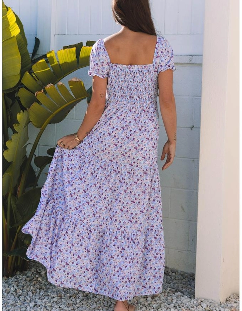 Purple Floral Short Bubble Sleeve Shirred High Waist Maxi Dress