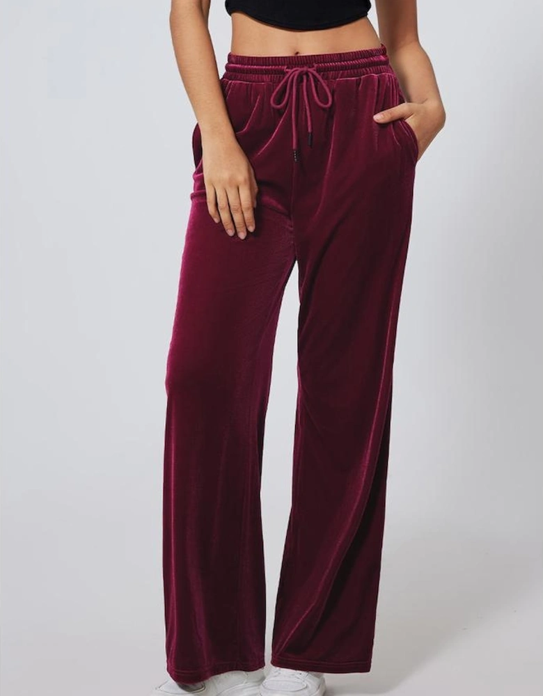Burgundy Solid Drawstring Waist Wide Leg Pants