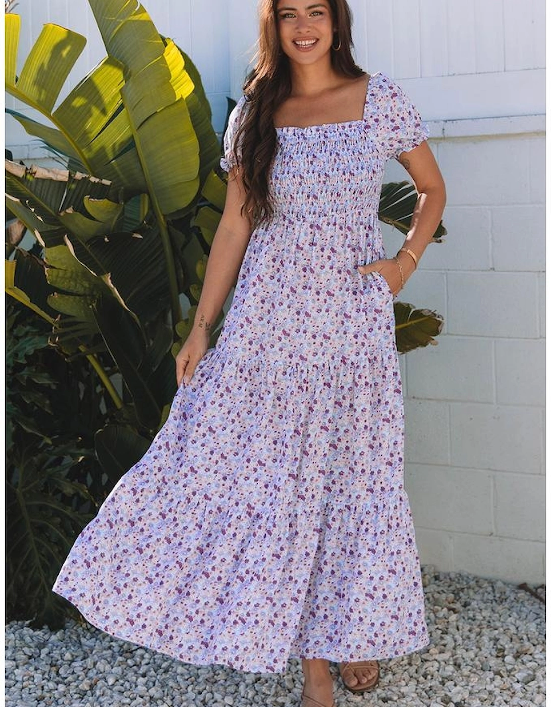 Purple Floral Short Bubble Sleeve Shirred High Waist Maxi Dress