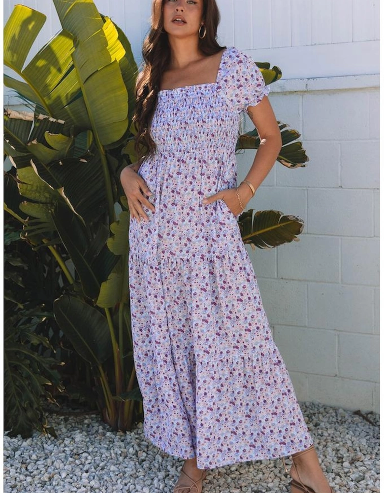 Purple Floral Short Bubble Sleeve Shirred High Waist Maxi Dress