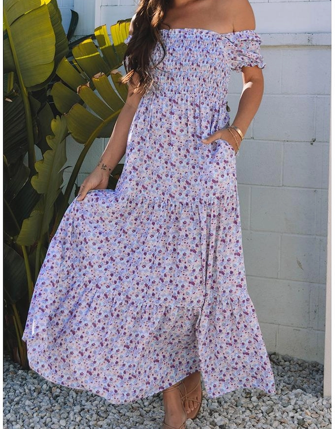 Purple Floral Short Bubble Sleeve Shirred High Waist Maxi Dress