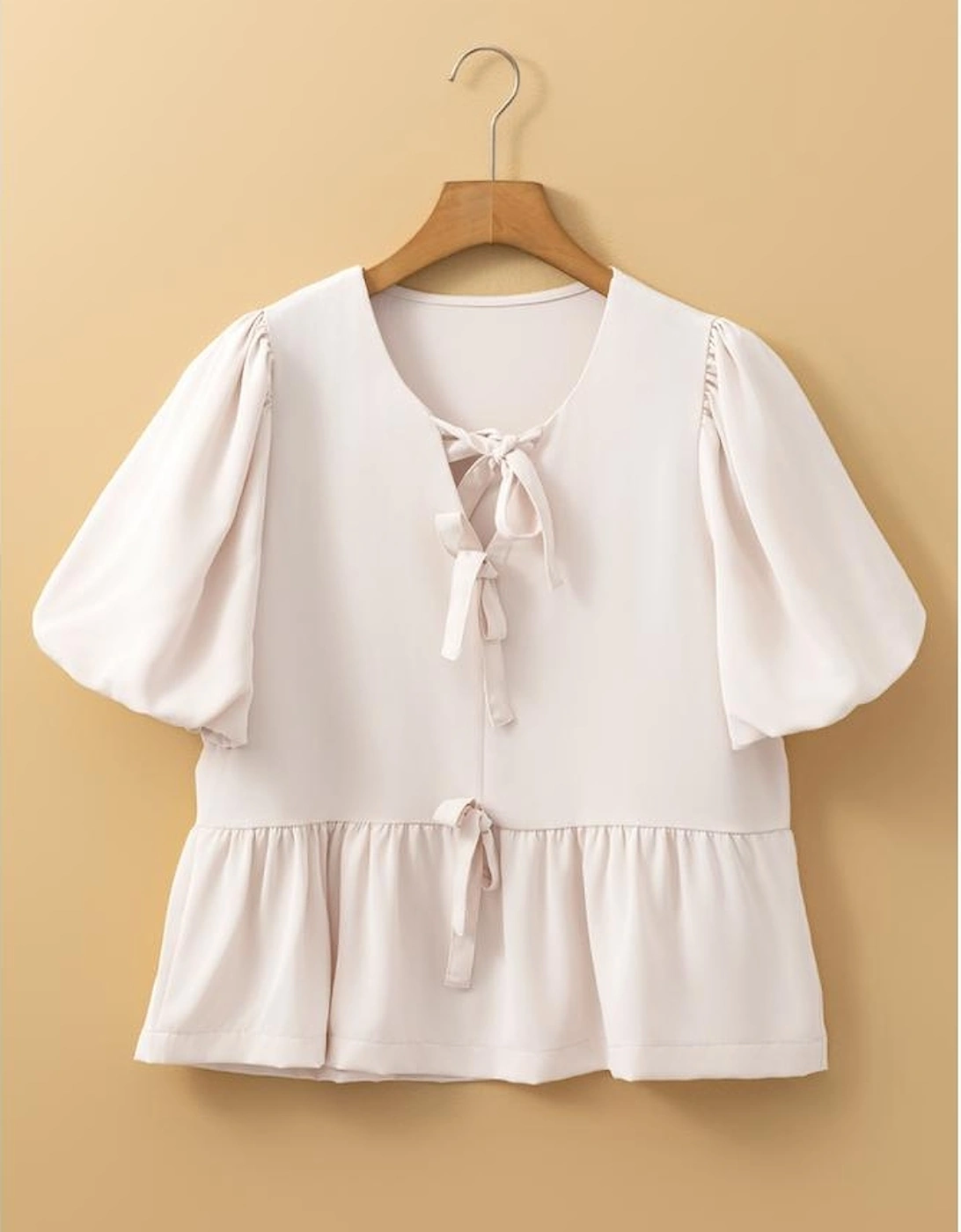 White Bow Tie Short Puff Sleeve Ruffle Hem Blouse