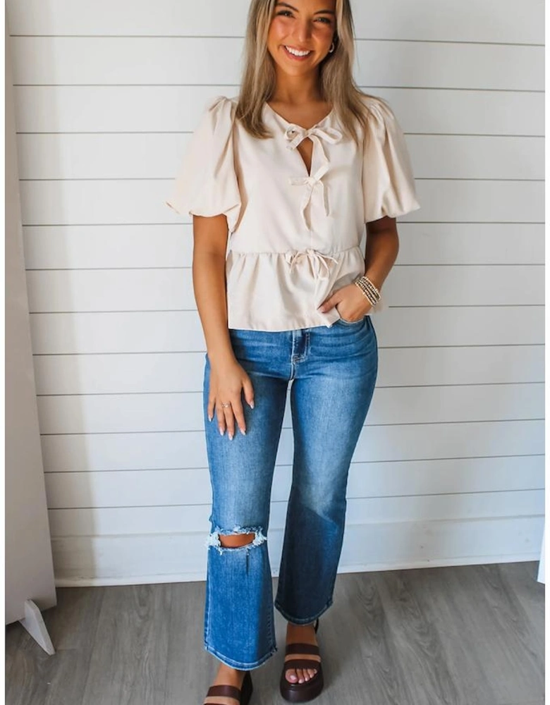 White Bow Tie Short Puff Sleeve Ruffle Hem Blouse