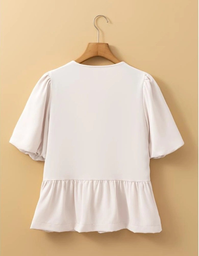 White Bow Tie Short Puff Sleeve Ruffle Hem Blouse