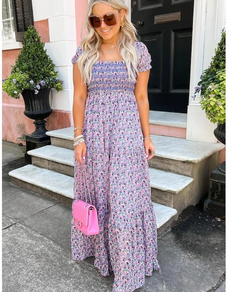 Purple Floral Short Bubble Sleeve Shirred High Waist Maxi Dress