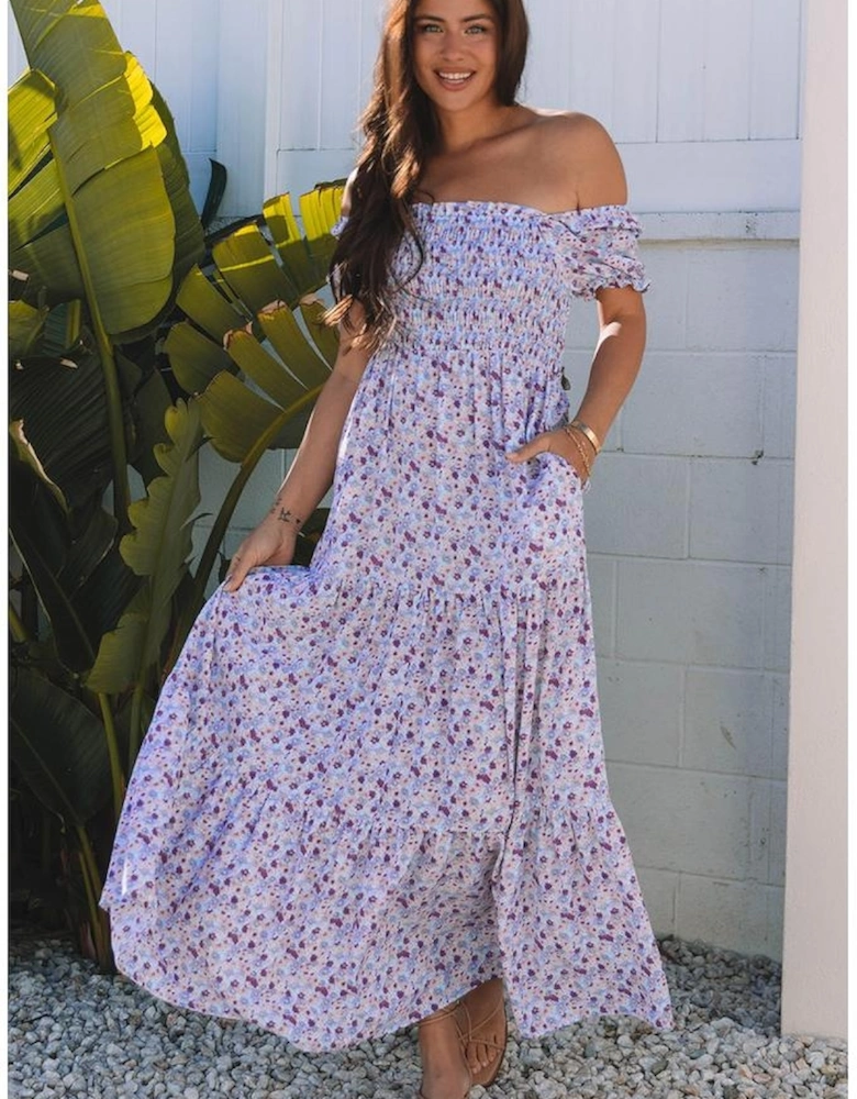 Purple Floral Short Bubble Sleeve Shirred High Waist Maxi Dress