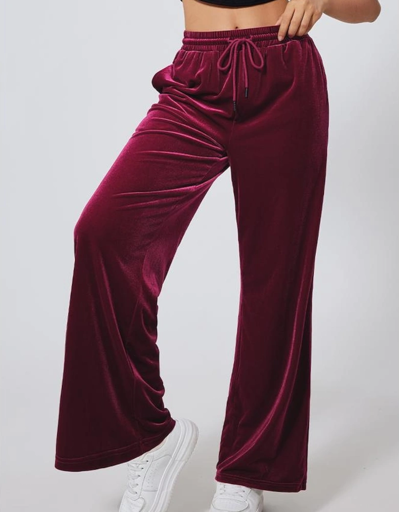 Burgundy Solid Drawstring Waist Wide Leg Pants