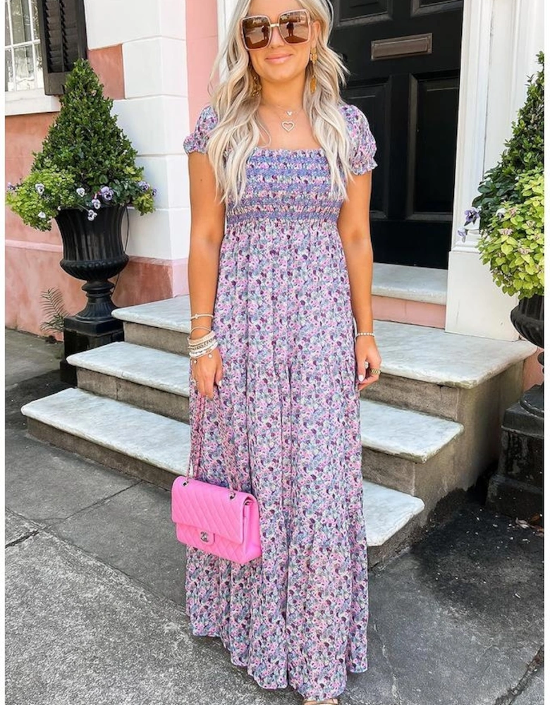 Purple Floral Short Bubble Sleeve Shirred High Waist Maxi Dress