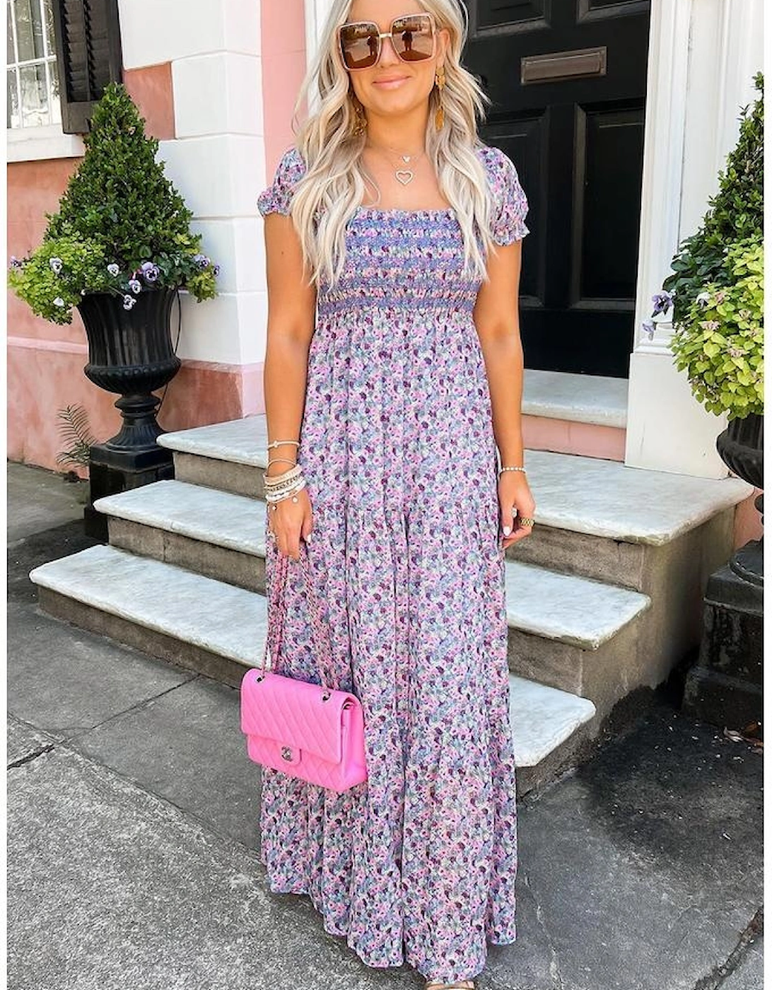 Purple Floral Short Bubble Sleeve Shirred High Waist Maxi Dress