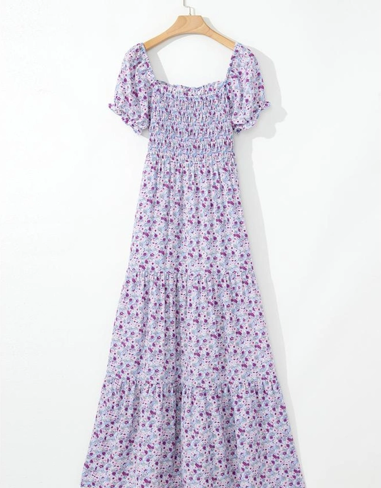 Purple Floral Short Bubble Sleeve Shirred High Waist Maxi Dress